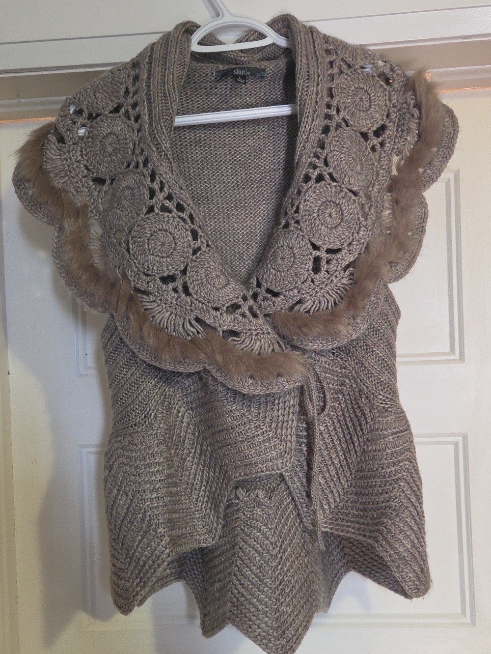 Cozy Taupe Crochet-Trim Knit Sweater Vest